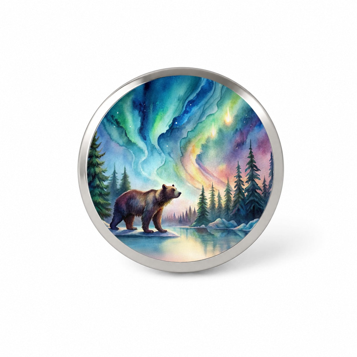 Bear And Northern Lights Watercolor Novelty Hat Backpack Lapel Pin