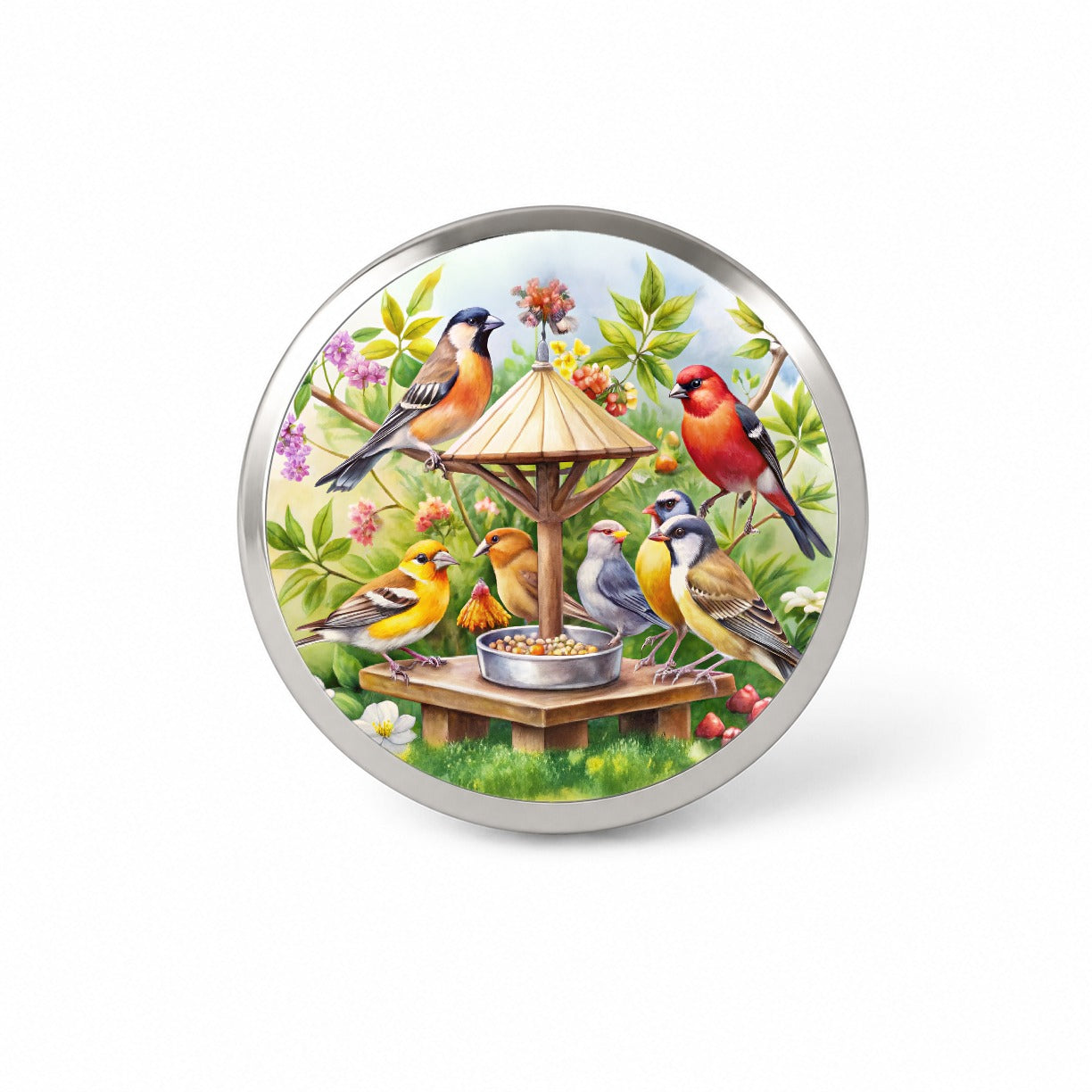 Birds At Feeder Watercolor Novelty Hat Backpack Lapel Pin