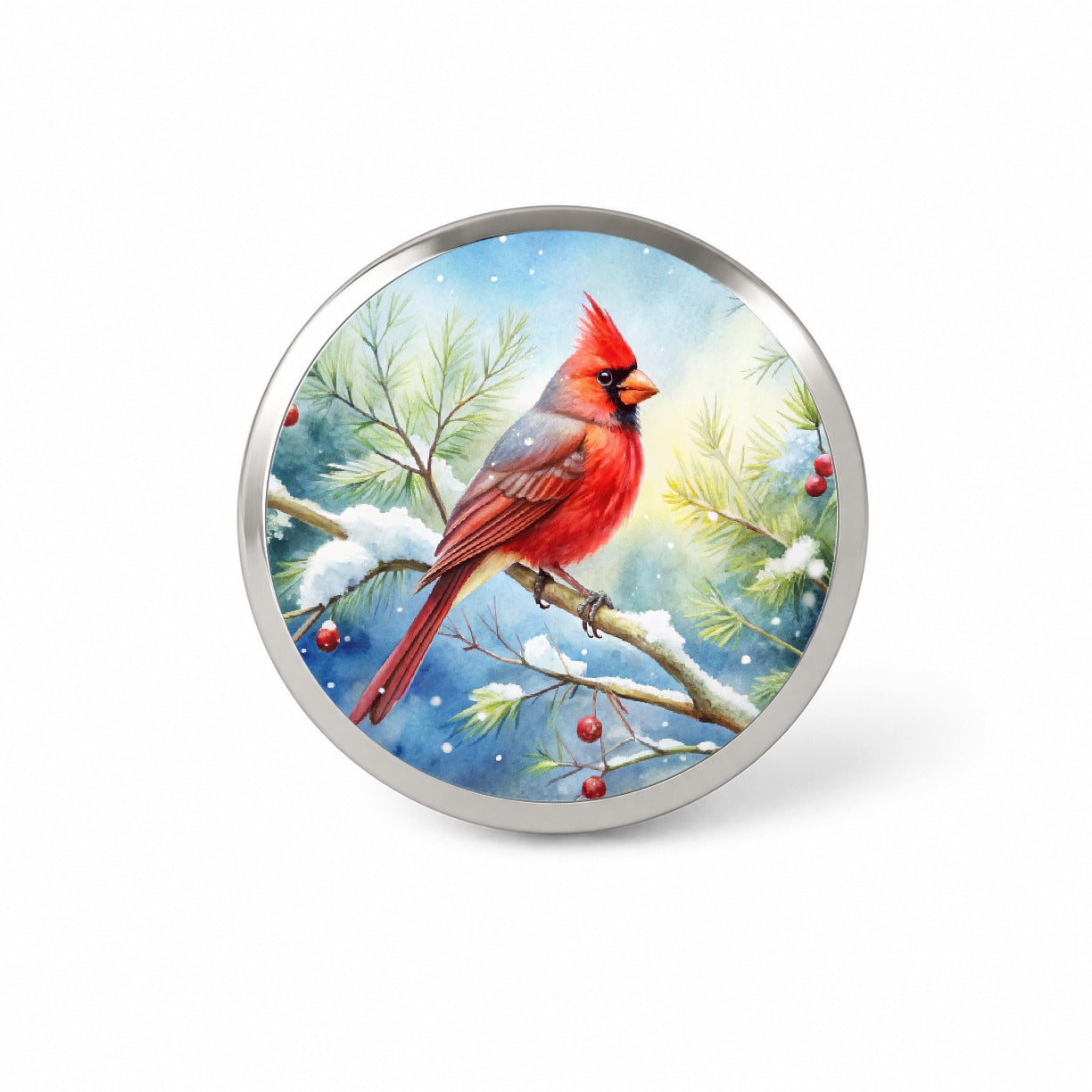 Cardinal In Snowy Tree Winter Watercolor Christmas Novelty Hat Backpack Lapel Pin