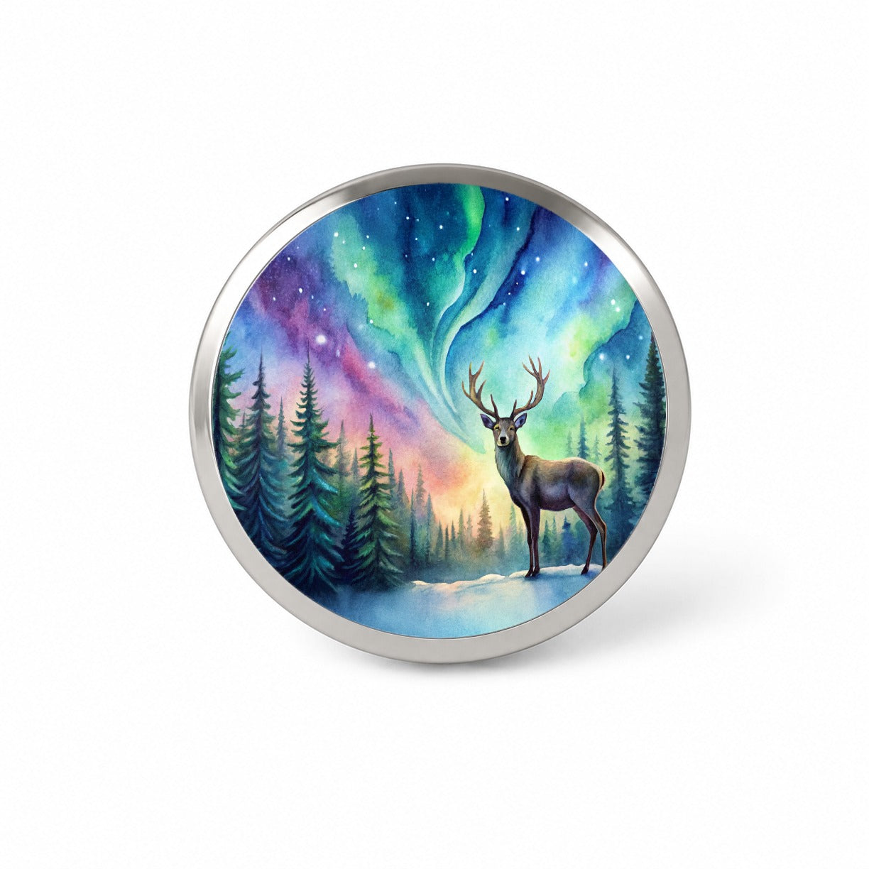 Deer And Northern Lights Watercolor Novelty Hat Backpack Lapel Pin