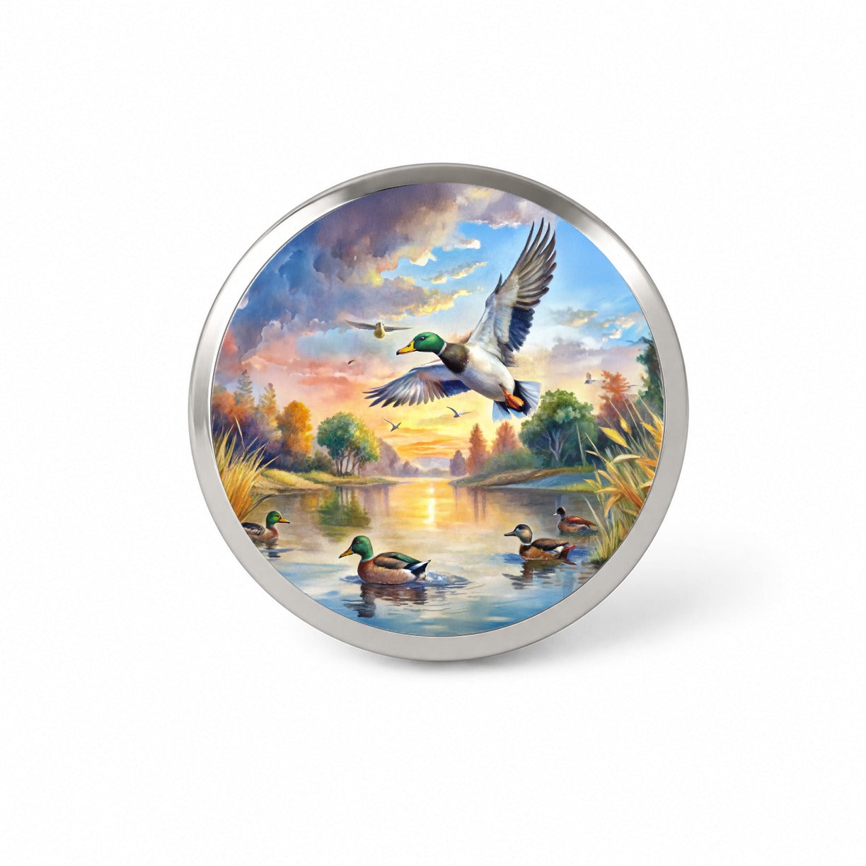 Ducks Flying At Sunrise Hunting Watercolor Novelty Hat Backpack Lapel Pin
