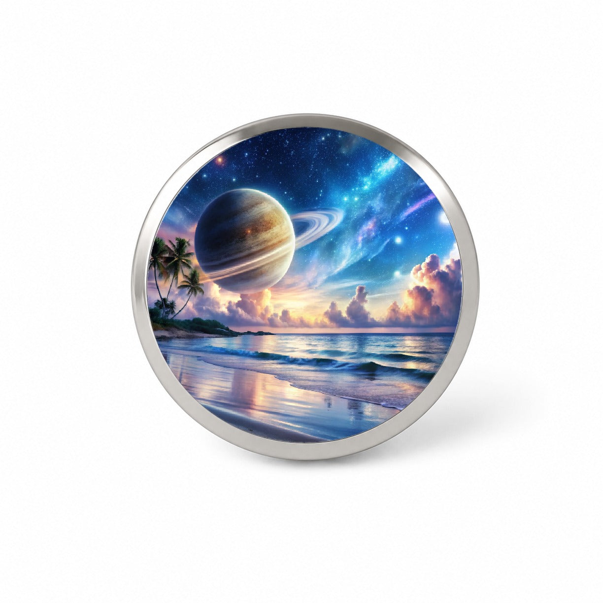 Fantasy Sci-fi World Saturn Rising Over Beach Novelty Hat Backpack Lapel Pin