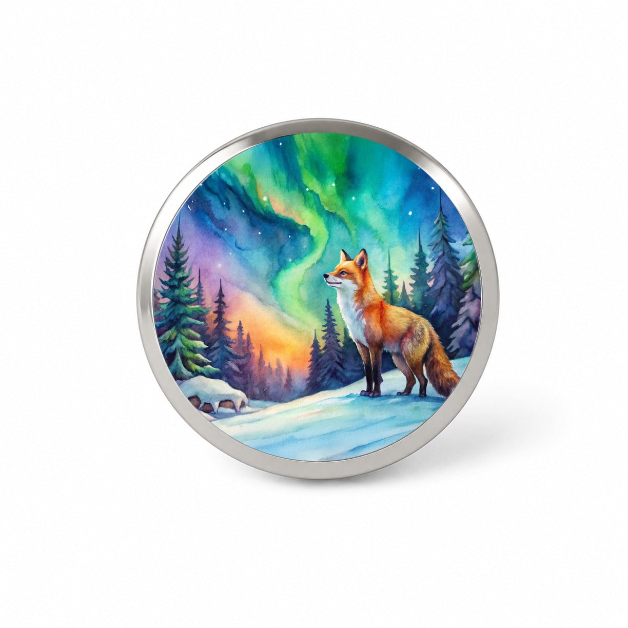 Fox And Northern Lights Watercolor Novelty Hat Backpack Lapel Pin