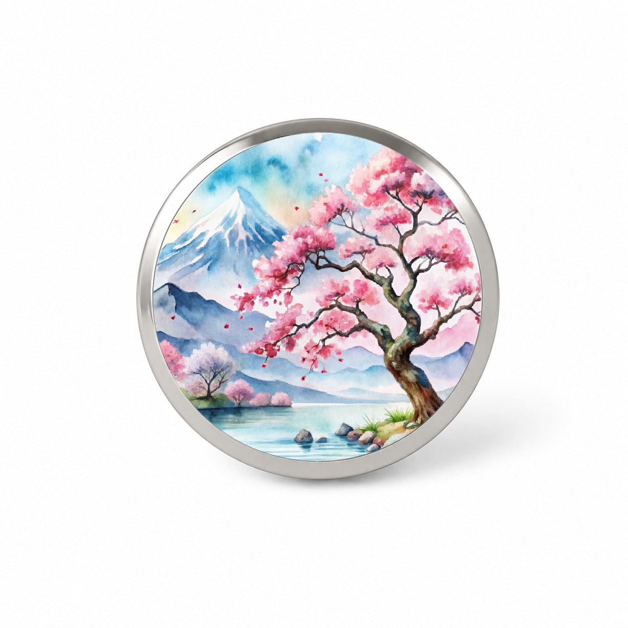 Japanese Cherry Blossom Tree Scene Watercolor Novelty Hat Backpack Lapel Pin