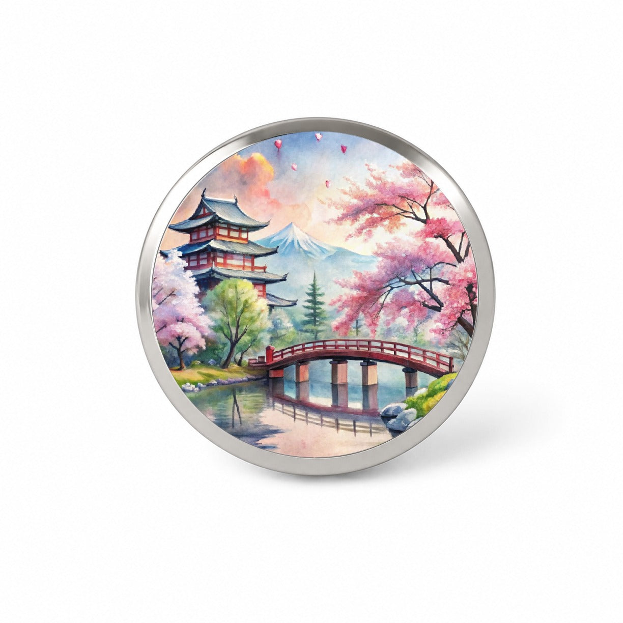 Japanese Scene With Bridge And Cherry Blossom Trees Watercolor Novelty Hat Backpack Lapel Pin