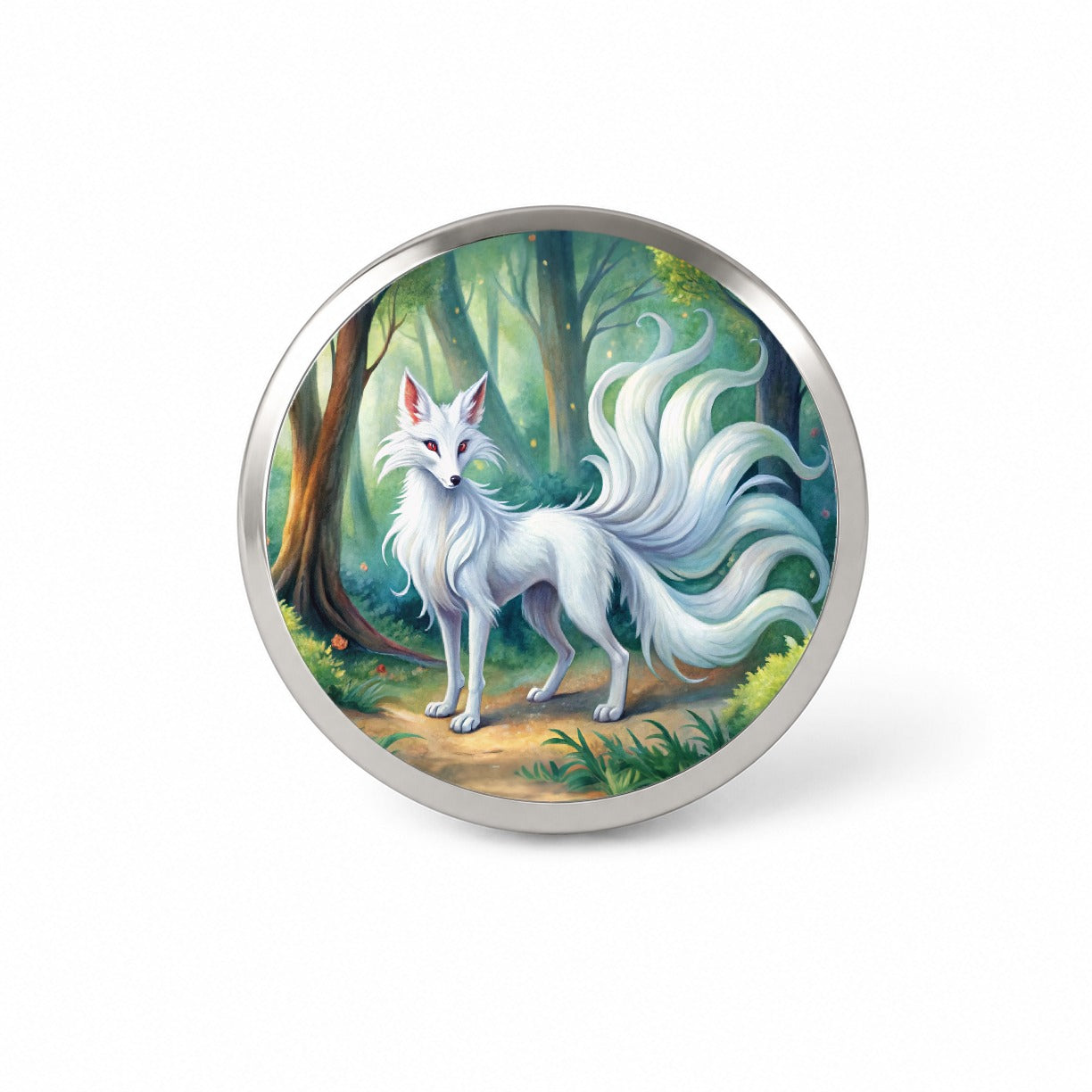 Kitsune White Fox With Many Tails Japanese Spirit Animal Watercolor Novelty Hat Backpack Lapel Pin