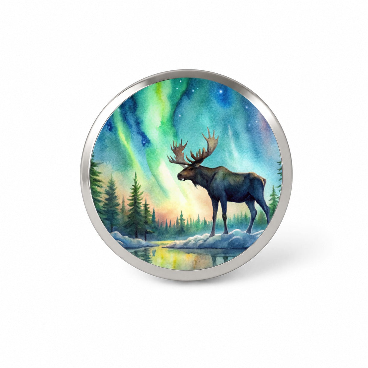 Moose And Northern Lights Watercolor Novelty Hat Backpack Lapel Pin