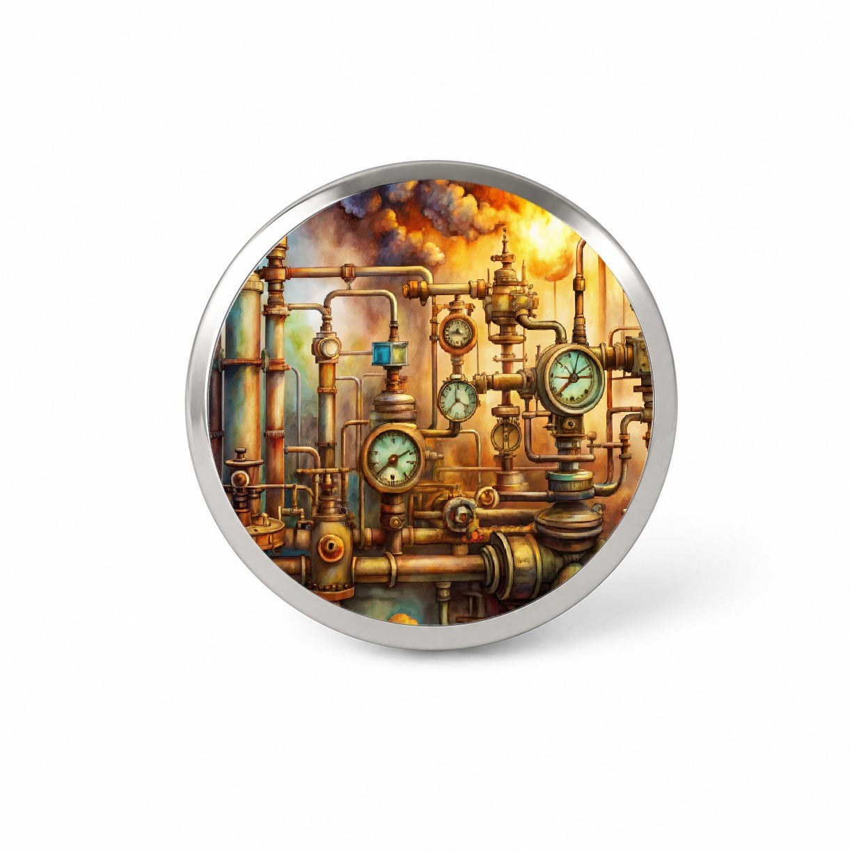 Sci-fi Steampunk Pipes Gauges Steam Fire Watercolor Novelty Hat Backpack Lapel Pin