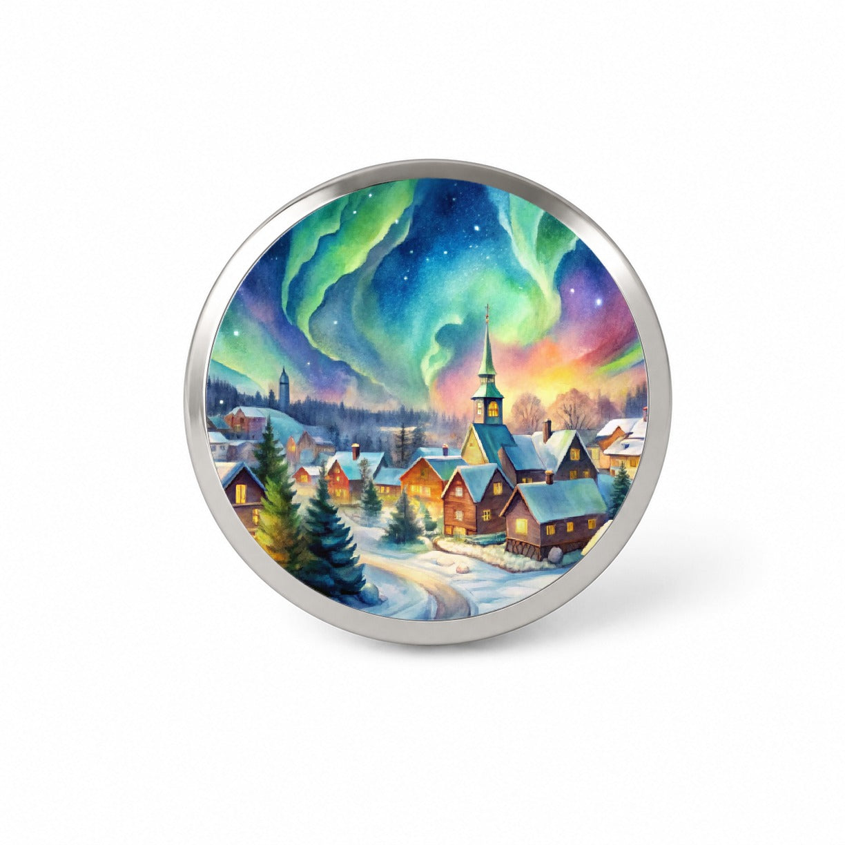 Small Town Northern Lights Watercolor Novelty Hat Backpack Lapel Pin