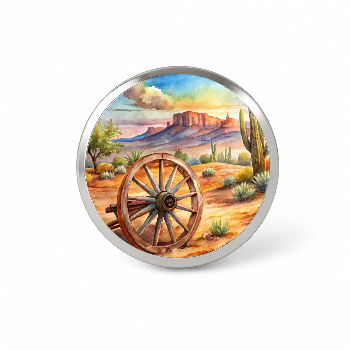 Southwest Desert With Abandoned Wagon Wheel Watercolor Novelty Hat Backpack Lapel Pin
