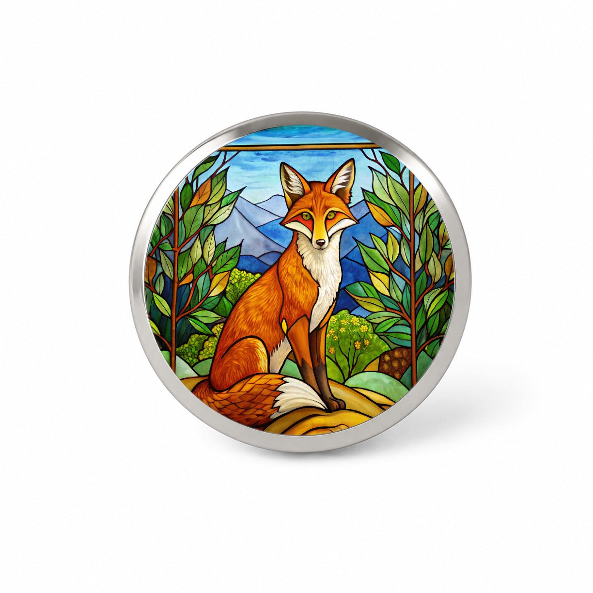 Stained Glass Fox Sitting Novelty Hat Backpack Lapel Pin