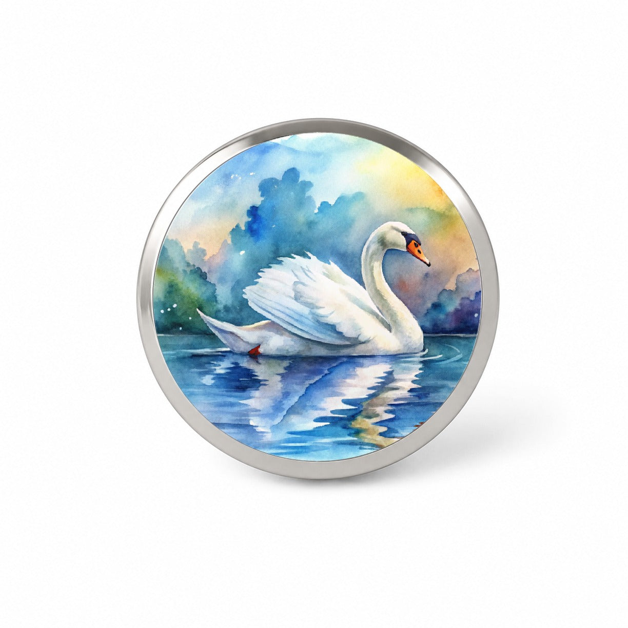 Swan Gliding Across Lake Watercolor Novelty Hat Backpack Lapel Pin