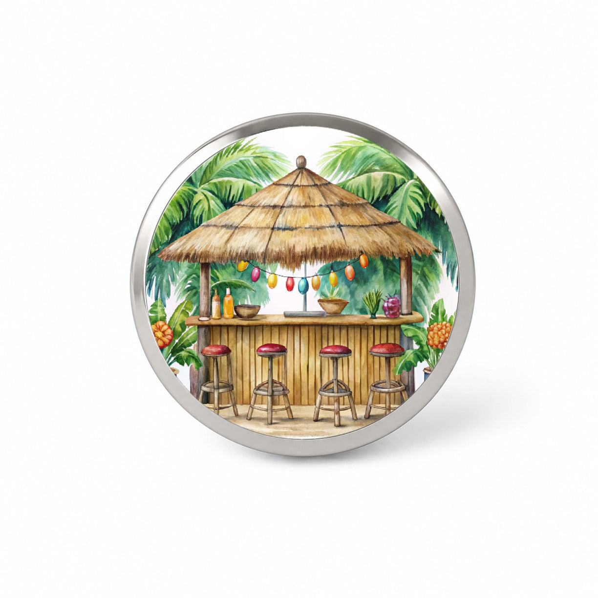 Tropical Resort Beach Tiki Bar Watercolor Novelty Hat Backpack Lapel Pin