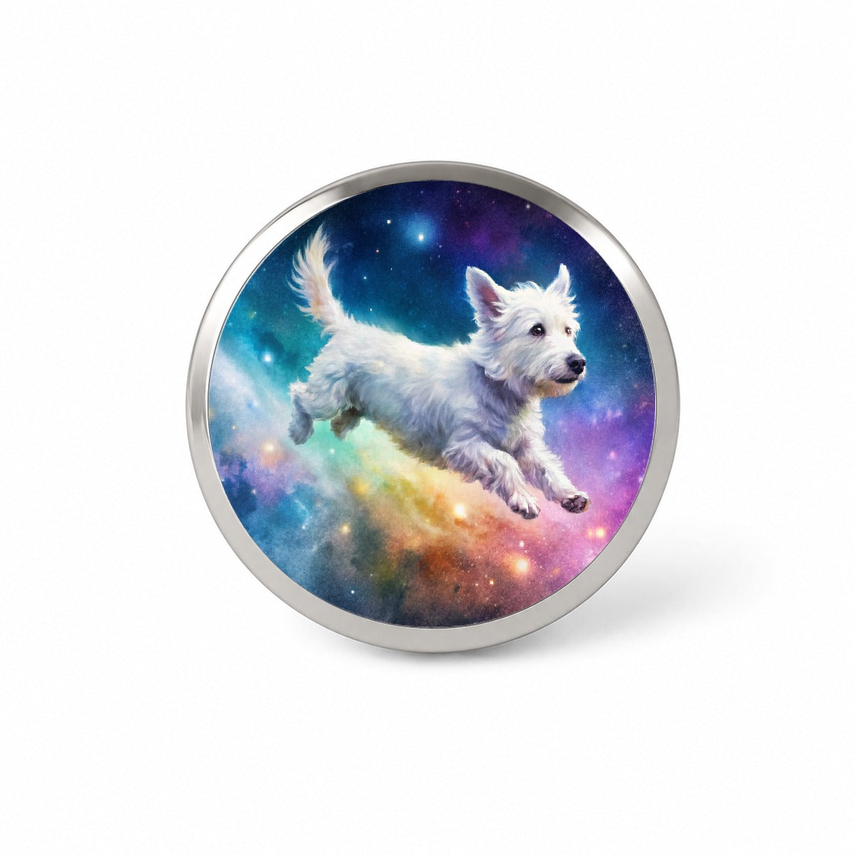 White Dog Flying Through Space Funny Watercolor Novelty Hat Backpack Lapel Pin