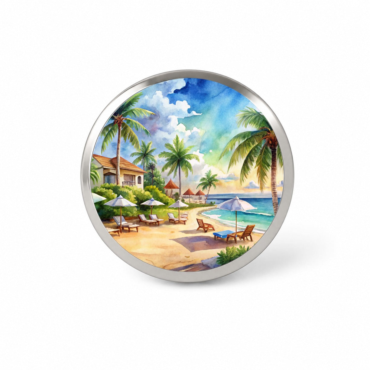 Beach Resort Tropical Scene Watercolor Novelty Hat Backpack Lapel Pin