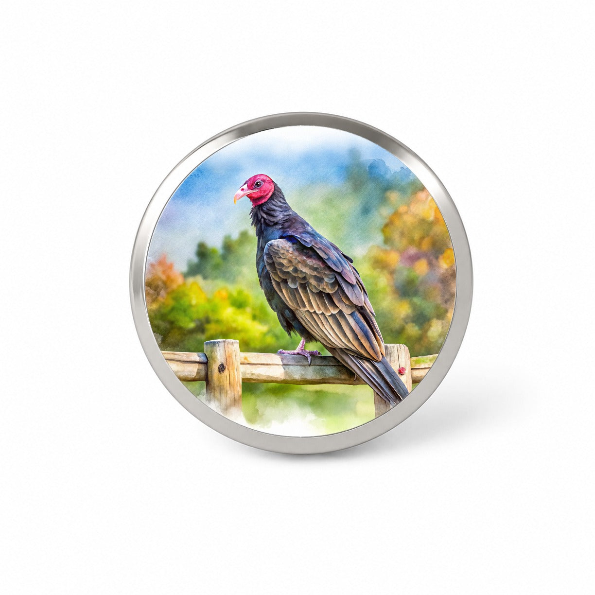 Black Turkey Vulture Sitting On Fence Watercolor Novelty Hat Backpack Lapel Pin