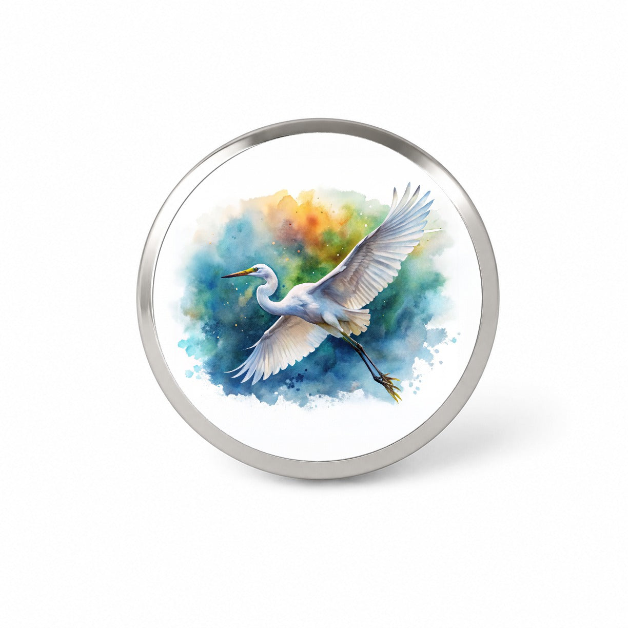 Egret In Flight Watercolor Novelty Hat Backpack Lapel Pin