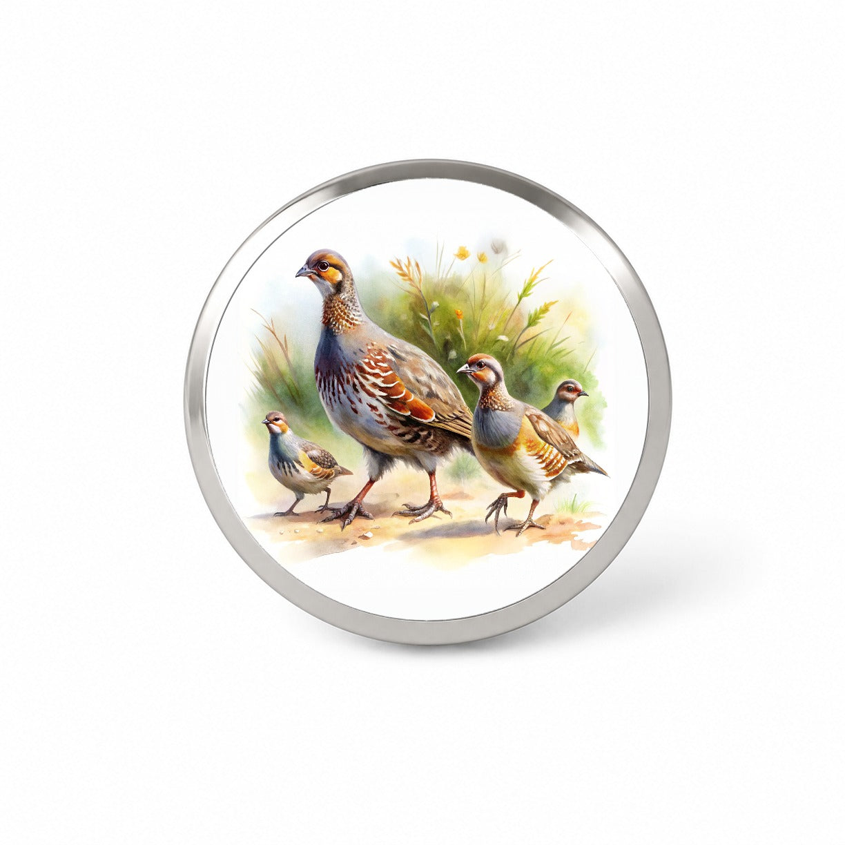 Family Of Partridges Running Watercolor Novelty Hat Backpack Lapel Pin