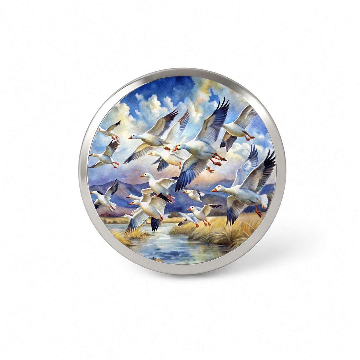 Flock Of Snow Geese In Flight Watercolor Novelty Hat Backpack Lapel Pin