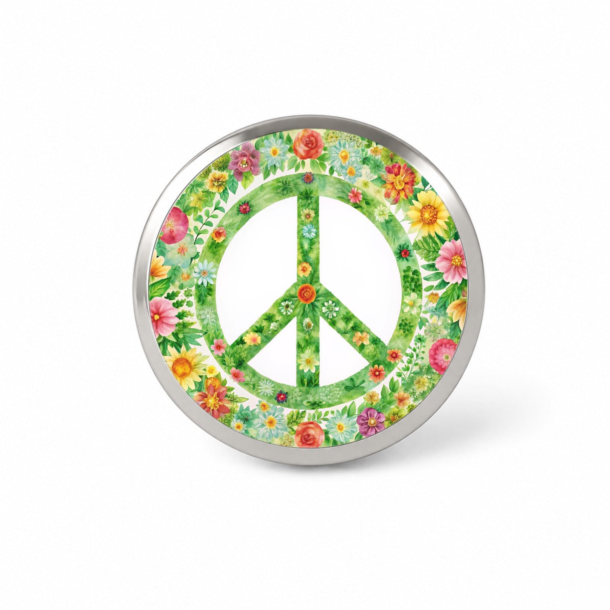 Green Peace Symbol Hippie Floral Watercolor Novelty Hat Backpack Lapel Pin