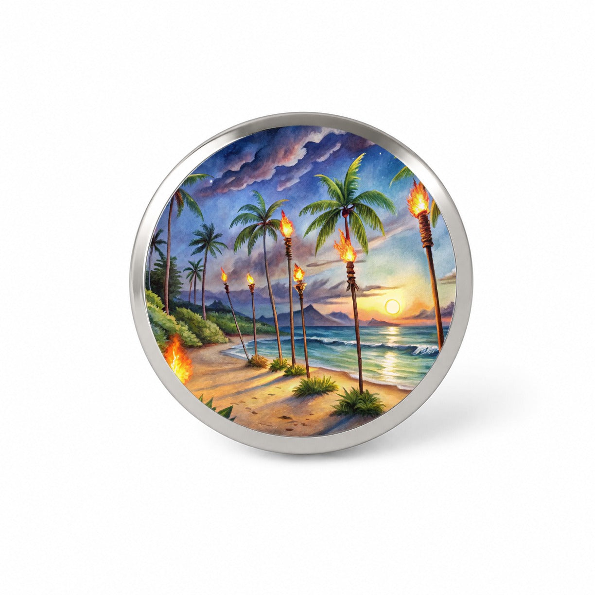 Hawaiian Tropical Beach Scene At Night Lit With Tiki Torches Novelty Hat Backpack Lapel Pin
