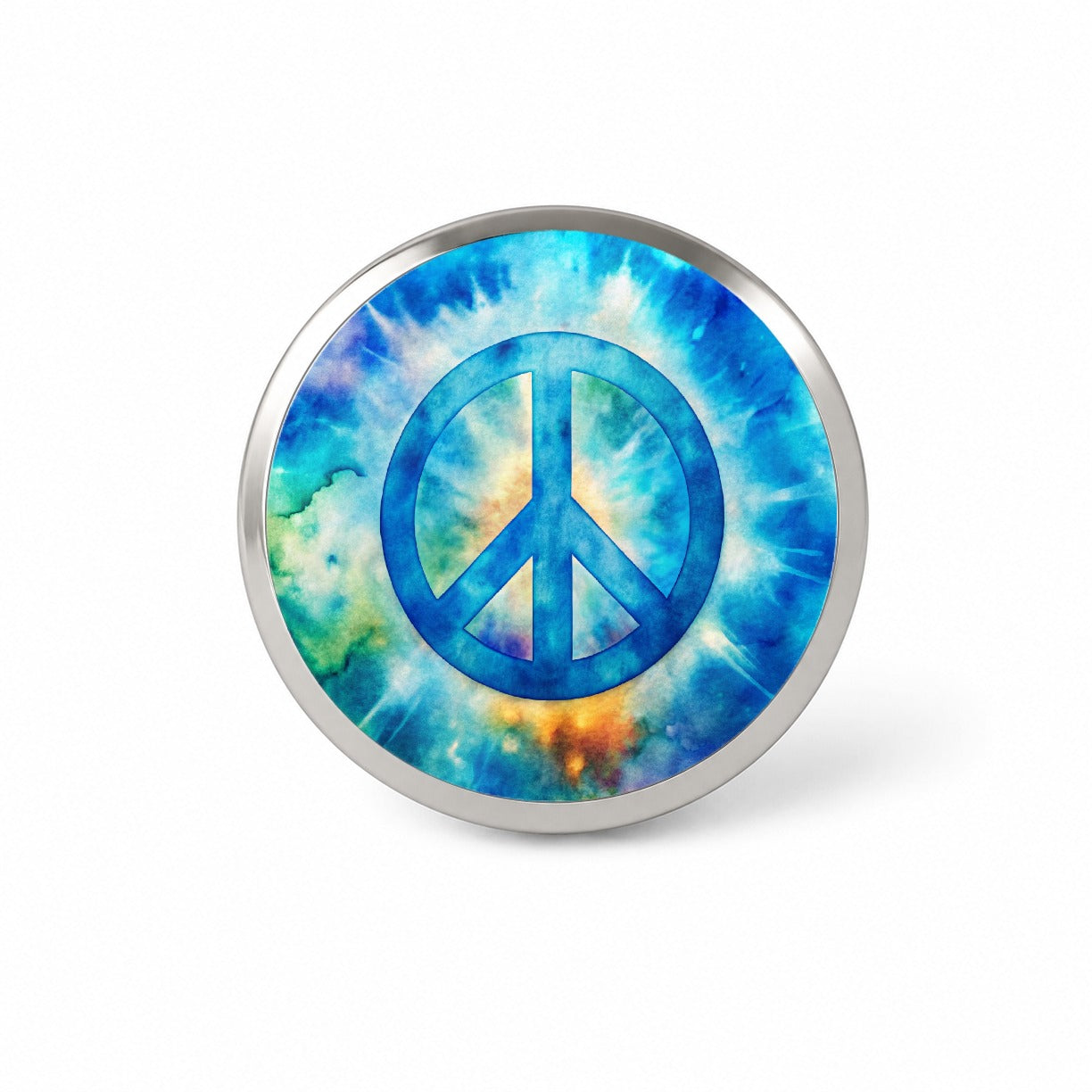 Solid Blue Peace Symbol Tie Dye Background Hippie Watercolor Novelty Hat Backpack Lapel Pin