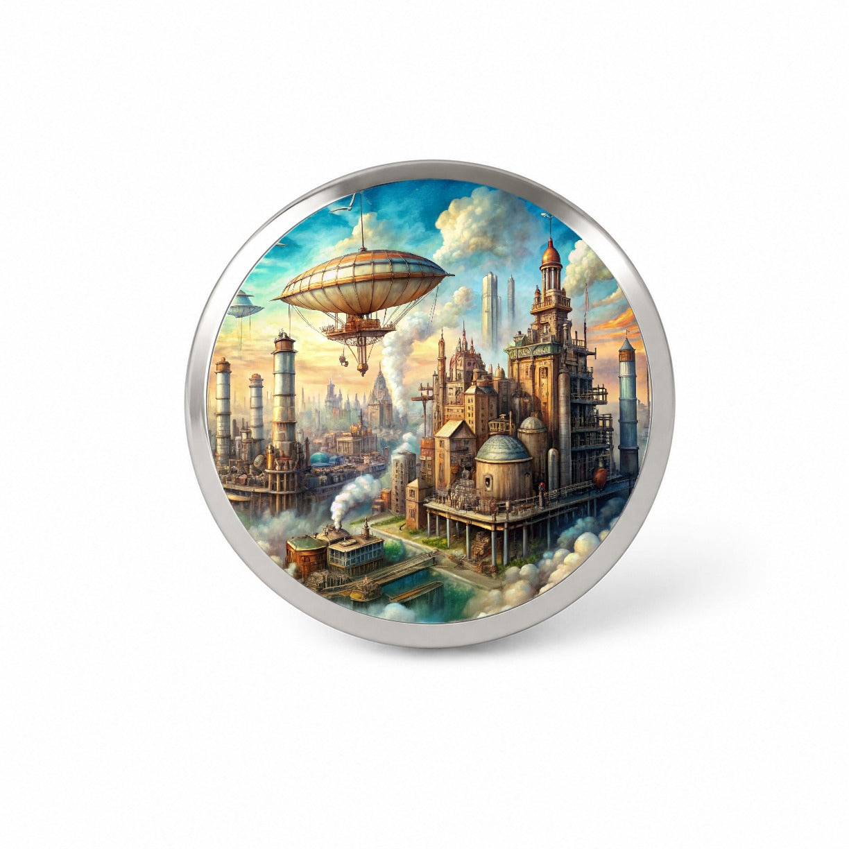 Steampunk City and Airship Fantasy Sci-fi Scene Novelty Hat Backpack Lapel Pin