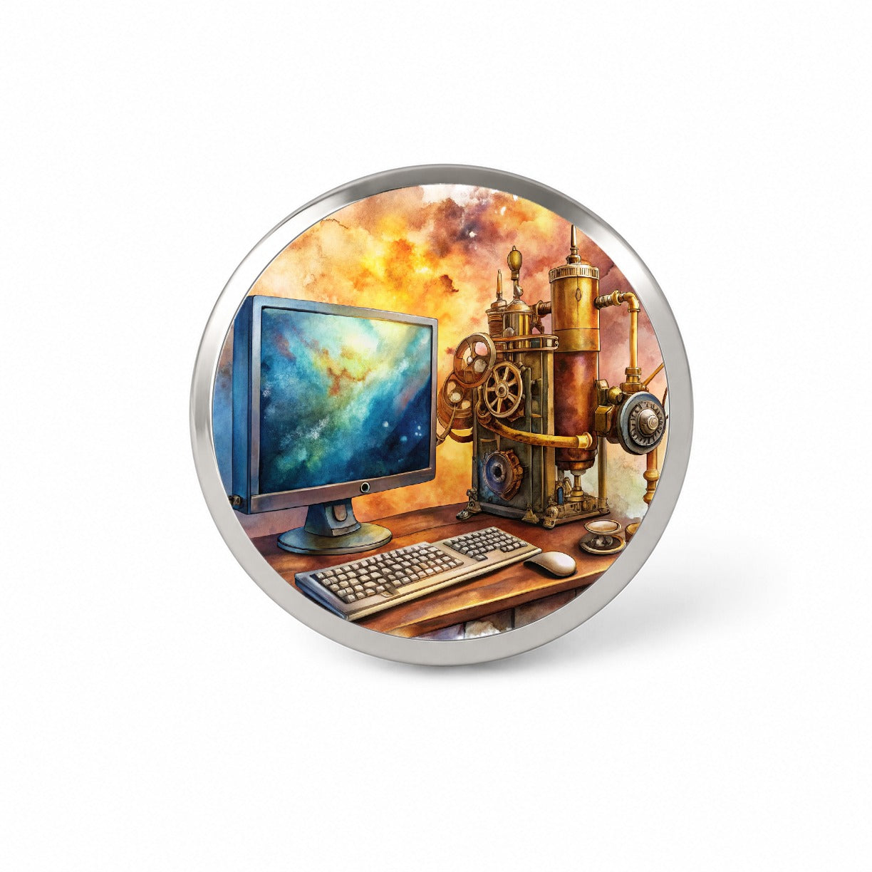 Steampunk Desktop PC Computer Fantasy Sci-fi Watercolor Novelty Hat Backpack Lapel Pin