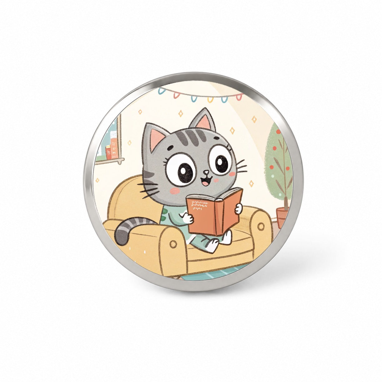 Kawaii Cat Reading Book On Couch Reader Novelty Hat Backpack Lapel Pin