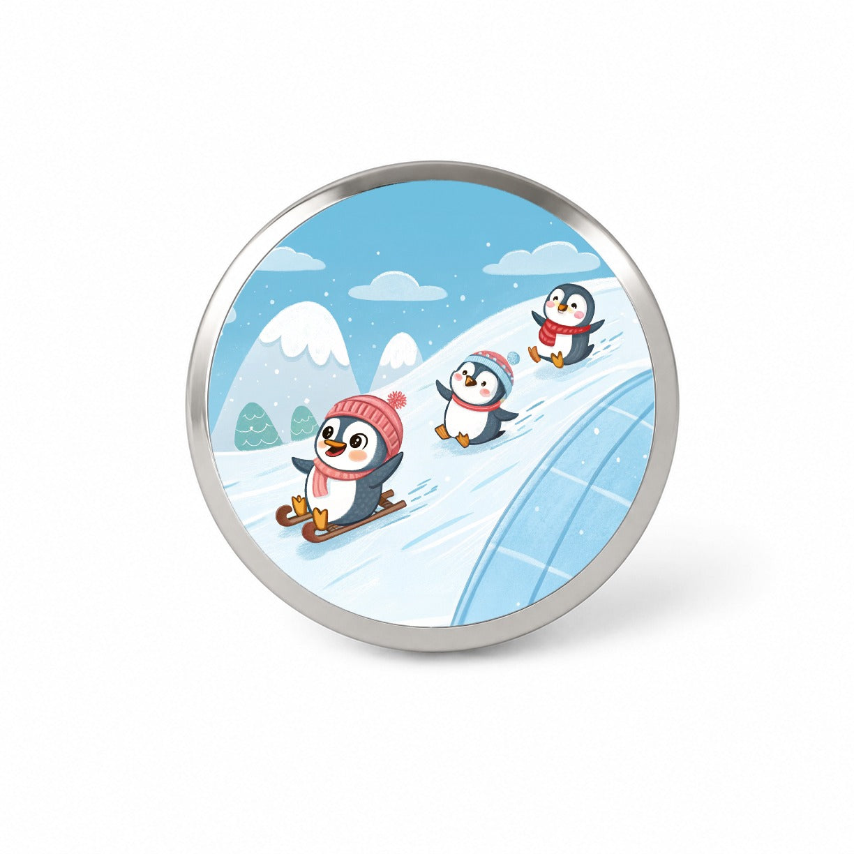 Kawaii Penguins Sledding Snow Novelty Hat Backpack Lapel Pin
