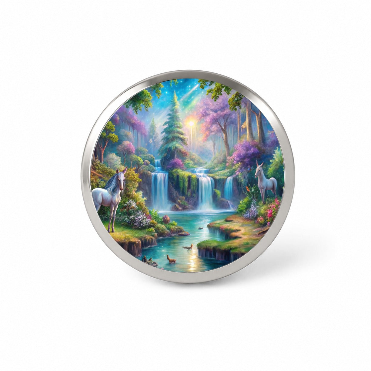 Fantasy Forest Waterfalls and White Horses Watercolor Novelty Hat Backpack Lapel Pin