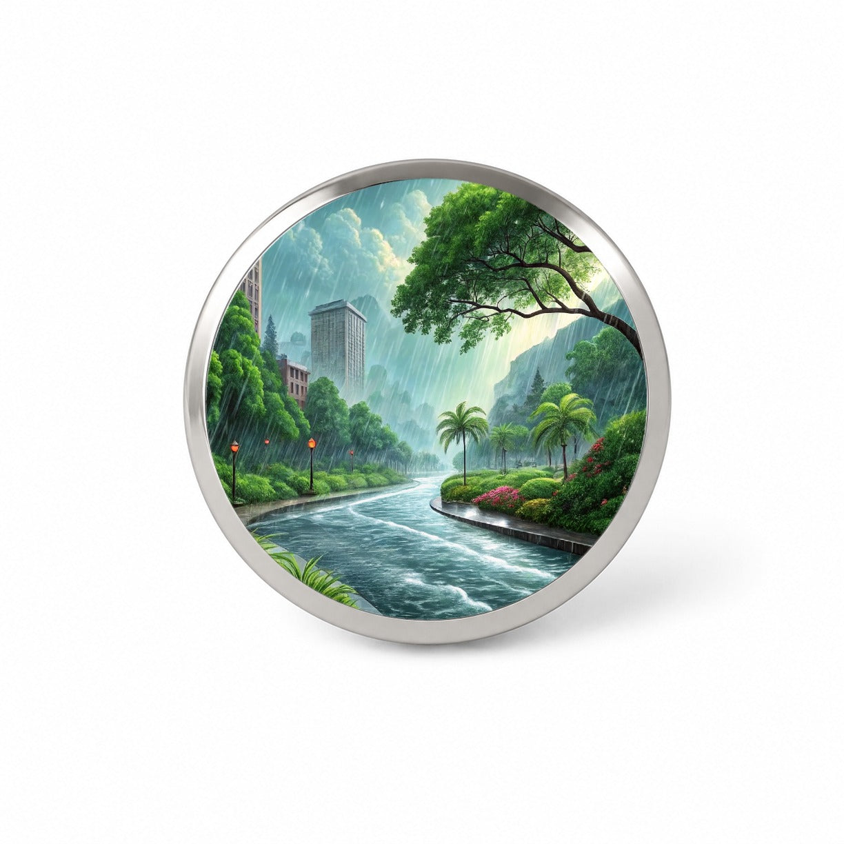Heavy Monsoon Rain Storm City Landscape Novelty Hat Backpack Lapel Pin