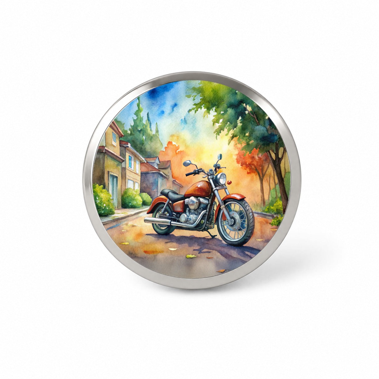 Motorcycle Watercolor Scene Novelty Hat Backpack Lapel Pin