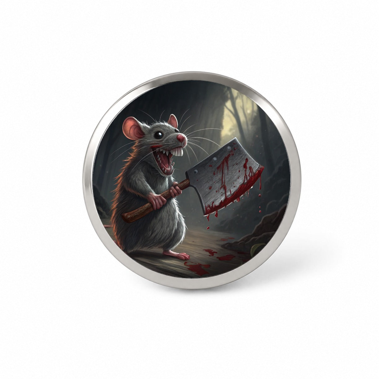 Mouse Holding A Bloody Meat Cleaver Halloween Scary Novelty Hat Backpack Lapel Pin