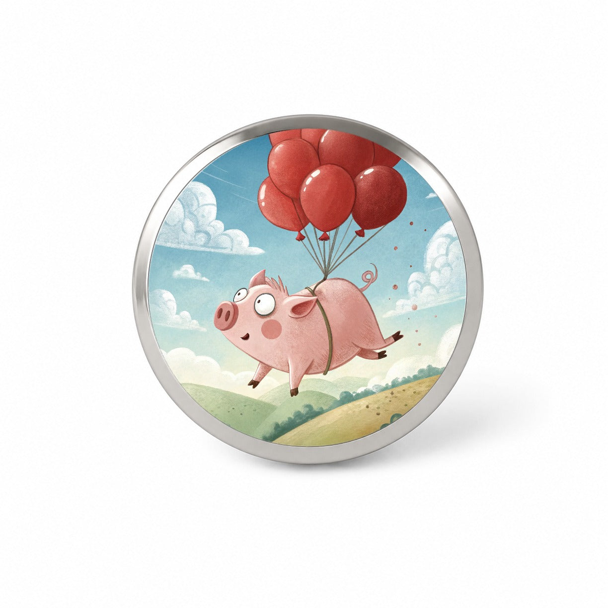 Pig Floating Through Sky Hanging From Red Balloons Novelty Hat Backpack Lapel Pin