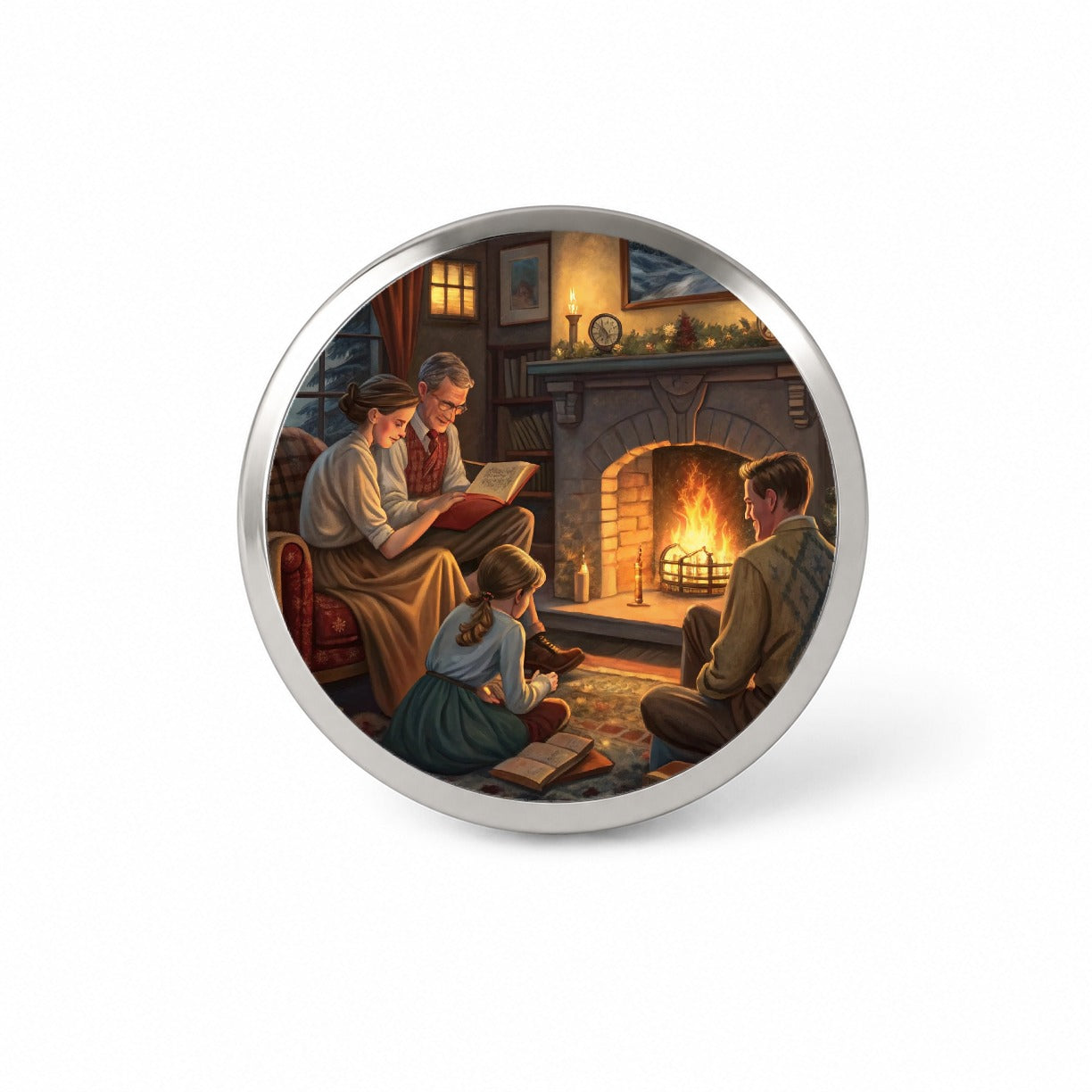 Reading by the Fireplace Americana Novelty Hat Backpack Lapel Pin