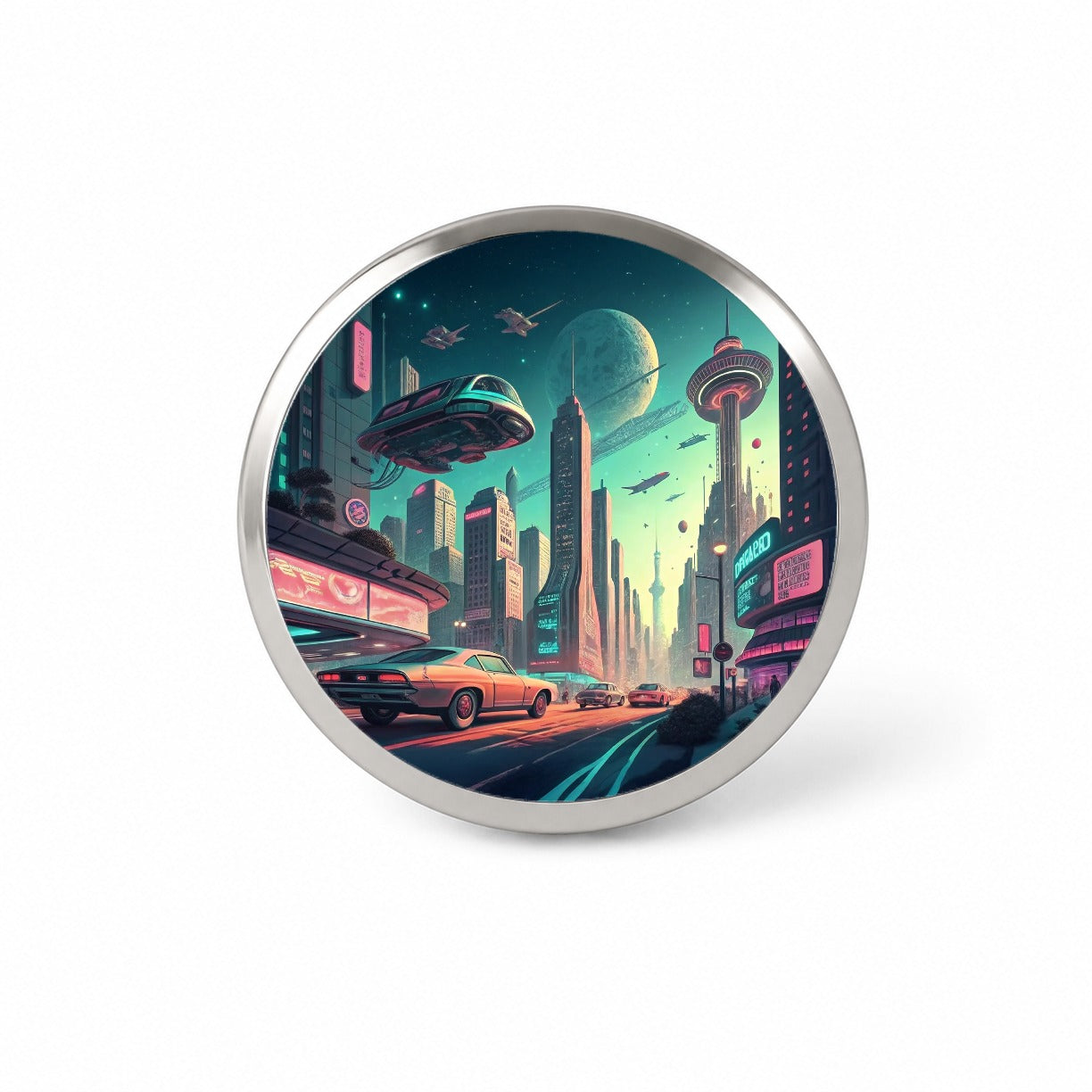 Retro Sci-fi Poster Art Futuristic City Scene Novelty Hat Backpack Lapel Pin