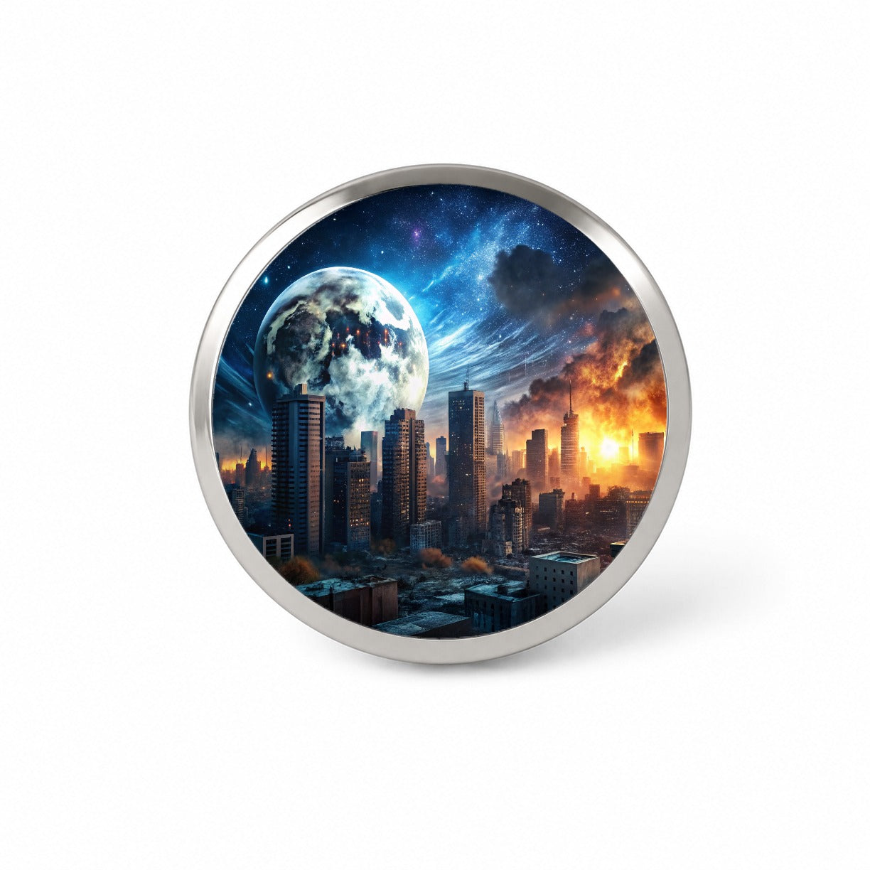 Sci-fi Apocalypse Cityscape City At Night Under a Large Full Moon Novelty Hat Backpack Lapel Pin