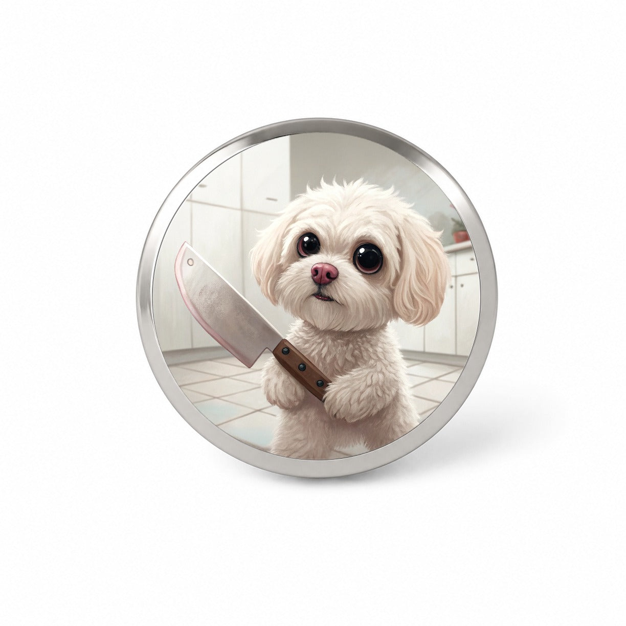Small Fluffy Dog with a Butcher Knife Funny Scary Halloween Novelty Hat Backpack Lapel Pin
