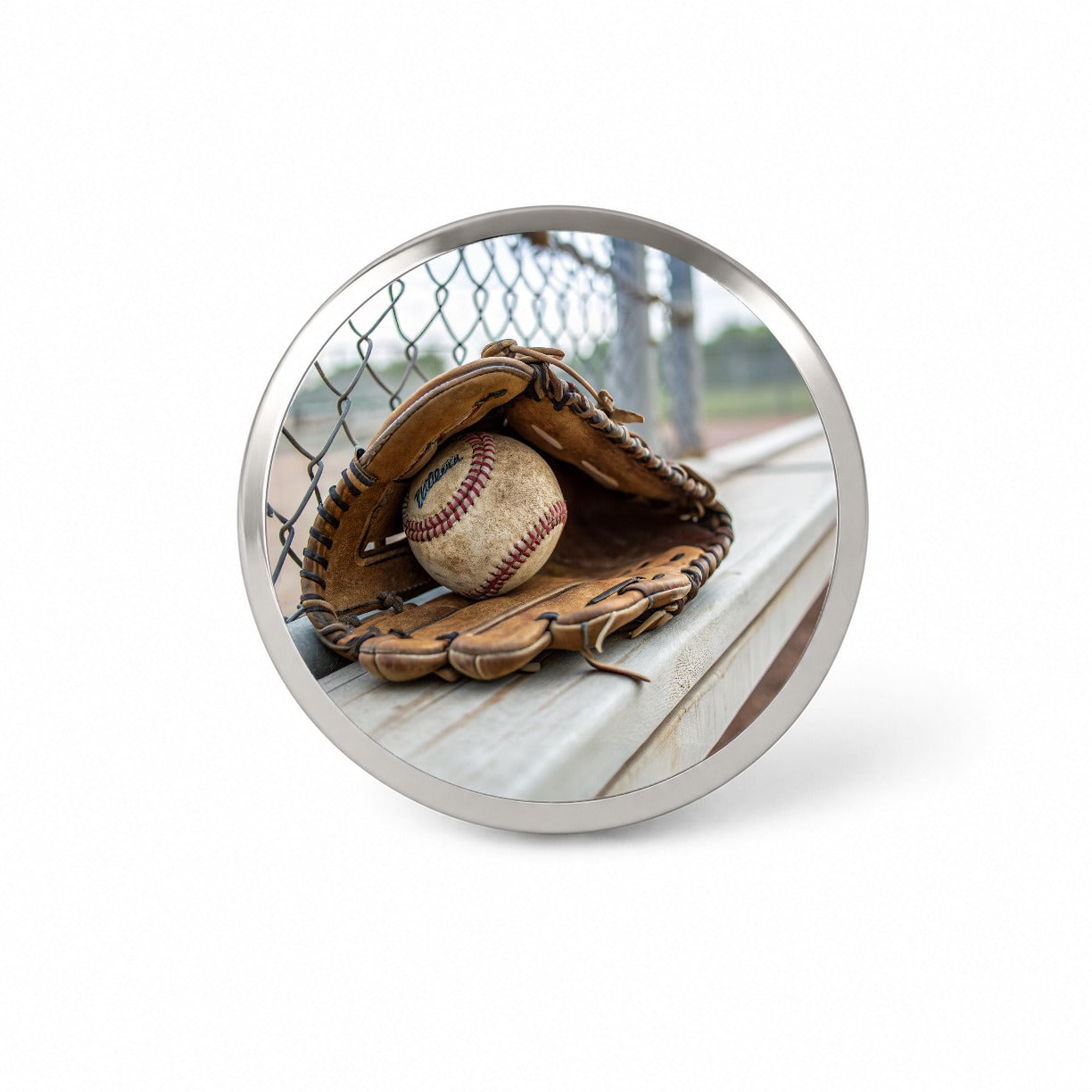 Baseball Glove With Baseball on Dugout Bench Novelty Hat Backpack Lapel Pin