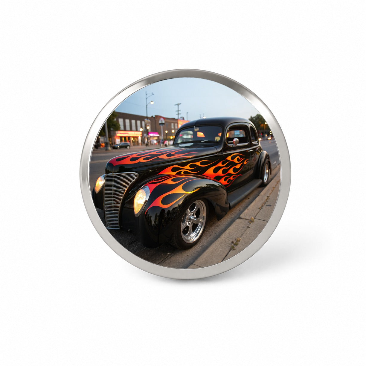 Black Hot Rod Classic Car With Flames Novelty Hat Backpack Lapel Pin