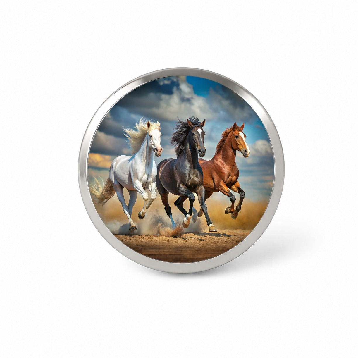 Black White and Brown Horses Galloping Novelty Hat Backpack Lapel Pin
