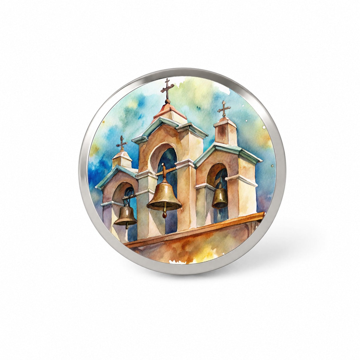 Church Mission Bells Watercolor Novelty Hat Backpack Lapel Pin