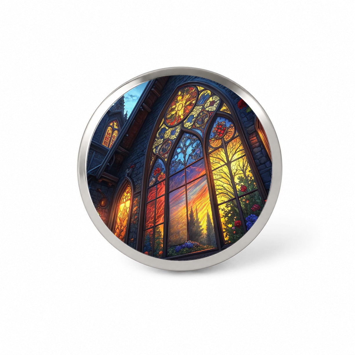 Church Stained Glass Windows at Night Novelty Hat Backpack Lapel Pin
