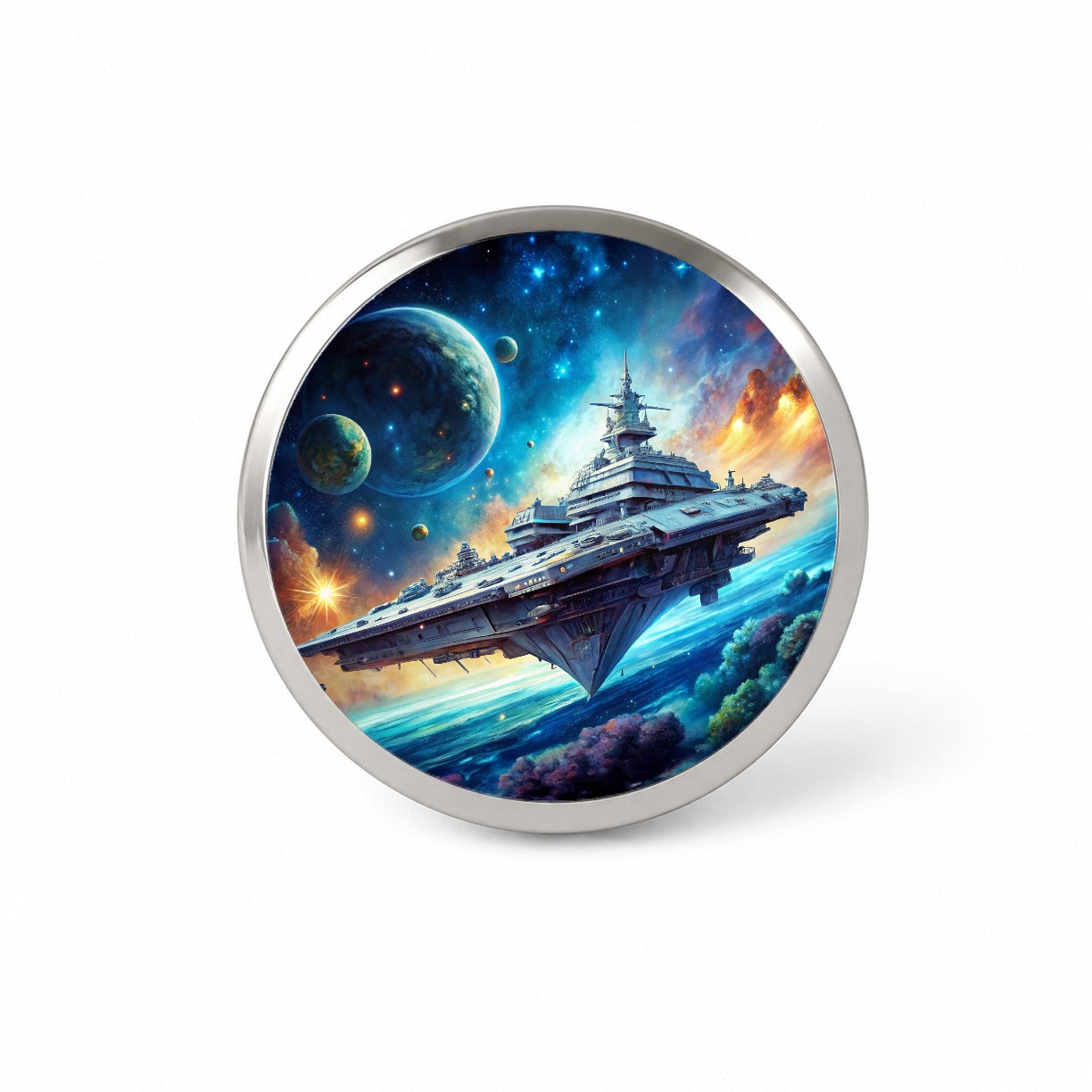 Giant Sci-Fi Warship In Space Watercolor Novelty Hat Backpack Lapel Pin