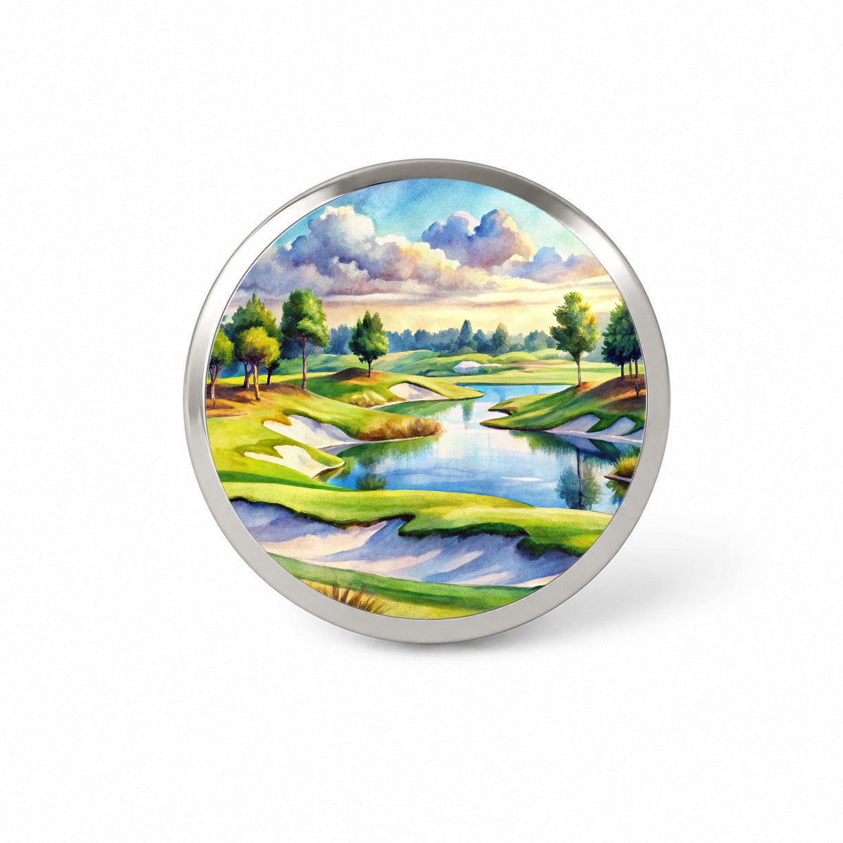 Golf Course With Sand Traps And Lake Watercolor Novelty Hat Backpack Lapel Pin