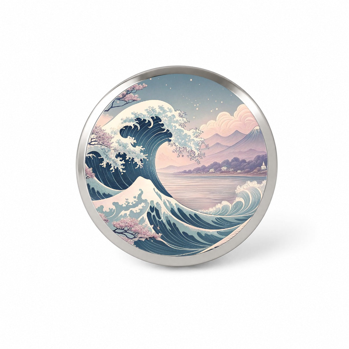 Japanese Blue Pink Ocean Waves and Sakura Blossoms Novelty Hat Backpack Lapel Pin