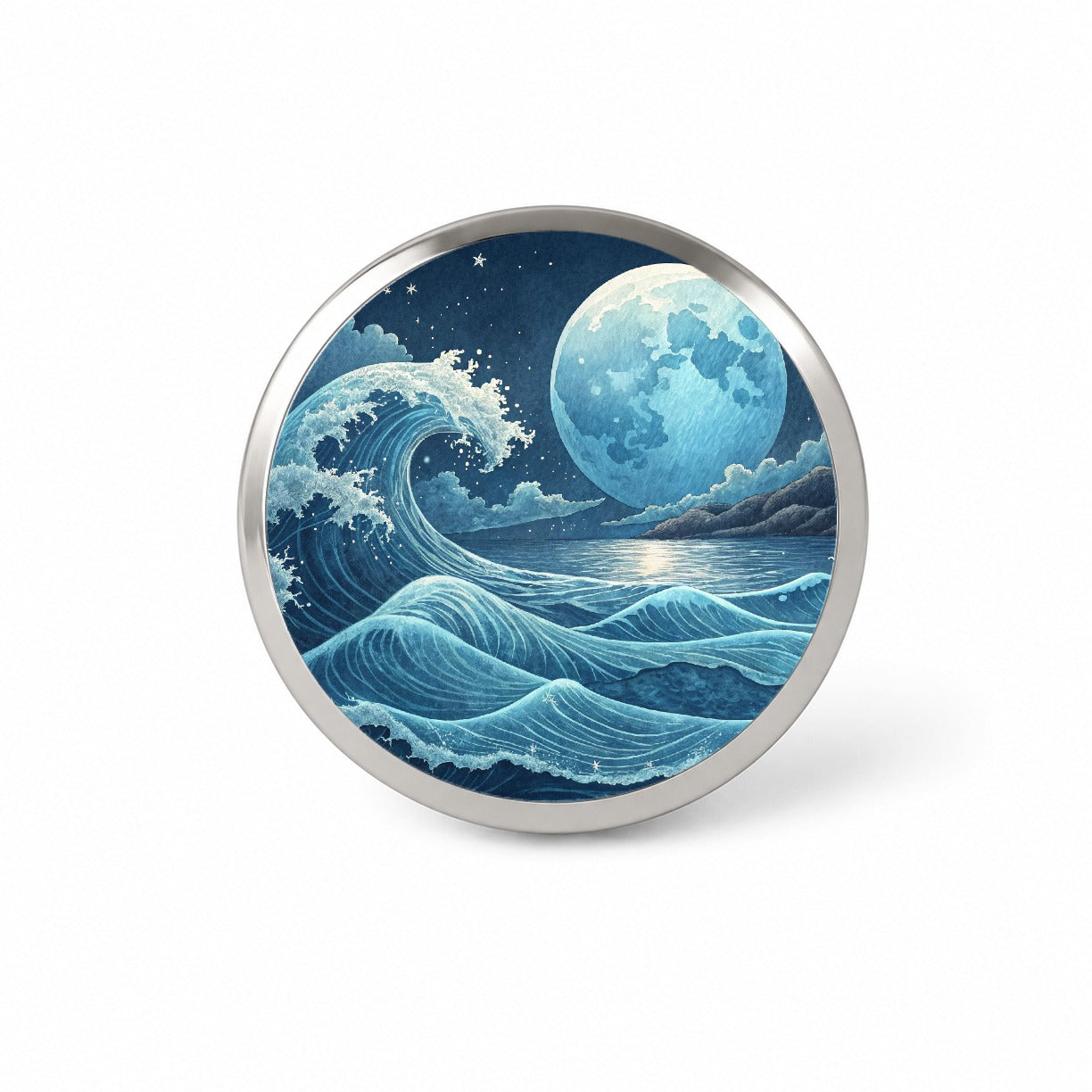 Japanese Ocean Waves Under Large Moon Novelty Hat Backpack Lapel Pin