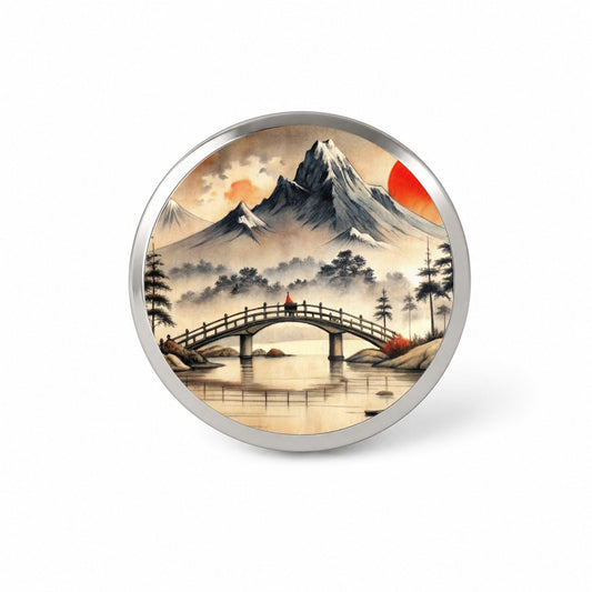 Japanese Style Ink Painting Bridge Over Water Landscape Novelty Hat Backpack Lapel Pin