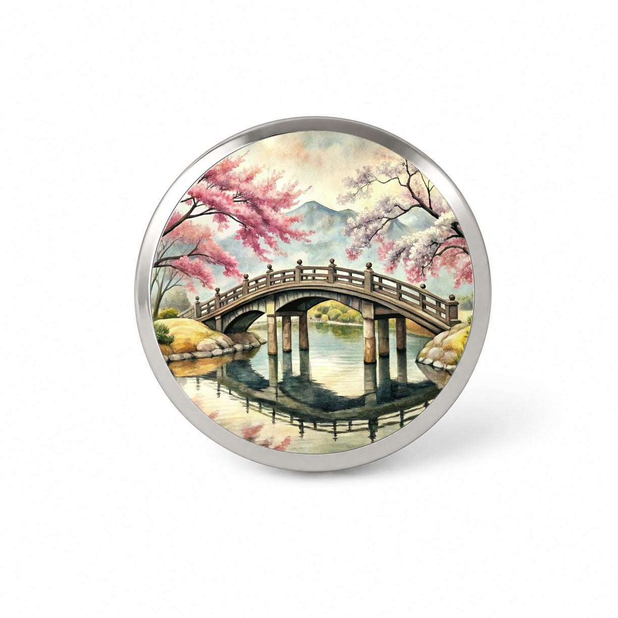 Japanese Style Ink Painting Sakura Trees Bridge Water Landscape Novelty Hat Backpack Lapel Pin